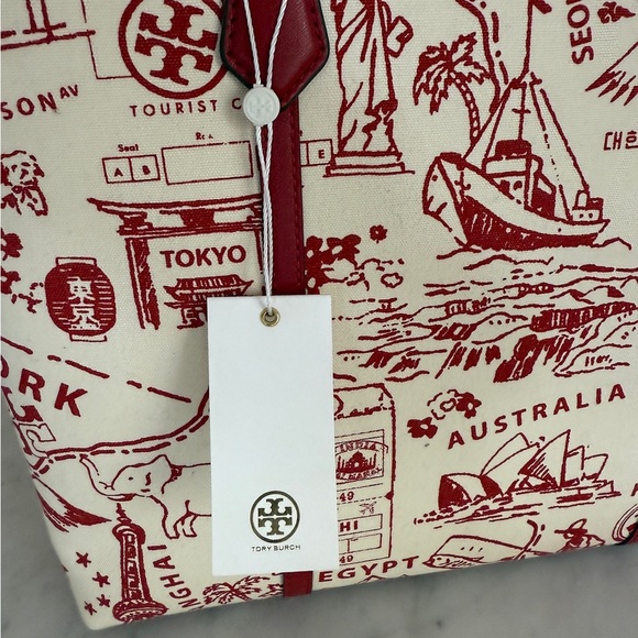 NWT Tory Burch Illustrated Tote in Red Cream highlighting international cities - Picture 8 of 13